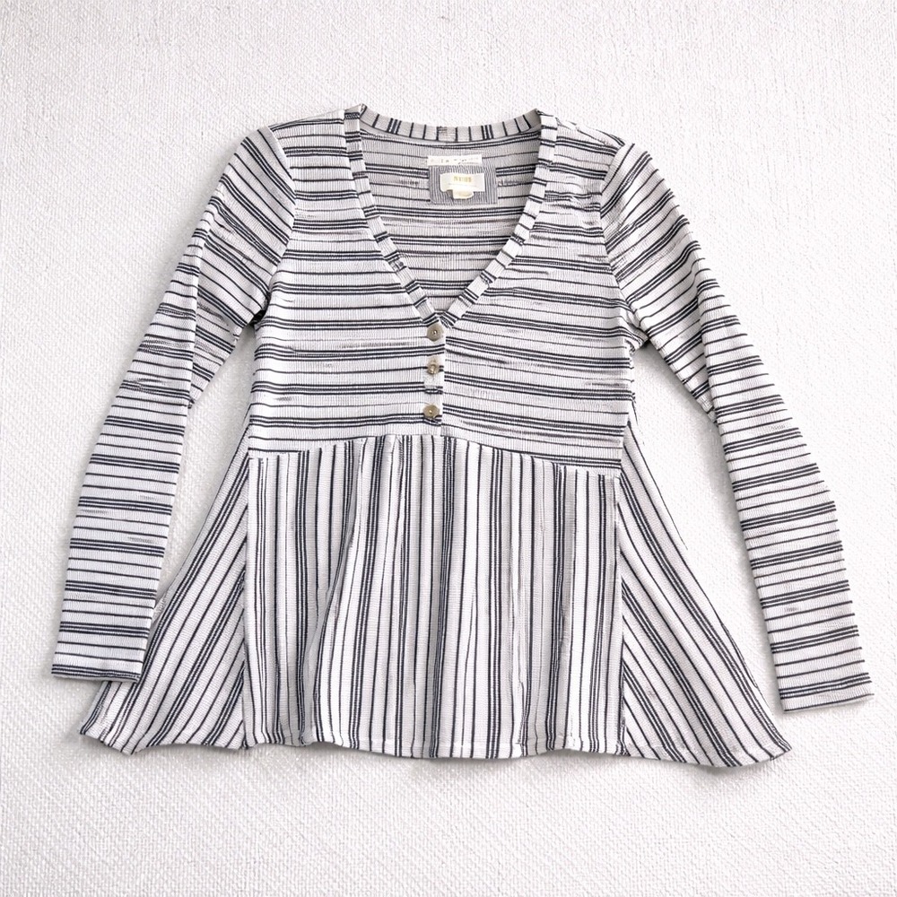 Maeve Anthropologie Womens Medium Striped Henley Peplum Top Blue White Ribbed